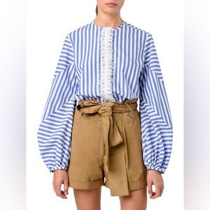 Silvia Tcherassi Filia Puff Sleeve Fringe Blouse Blue and White Stripe